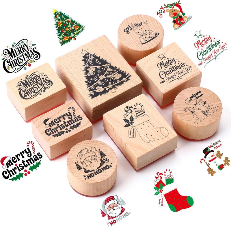 Supervitae 8 Pcs Christmas Wooden Rubber Stamp Set Merry Christmas Vintage Wooden Art Stamps for Crafting and DIY Scrapbooking Card Making Hand Book - Image 1